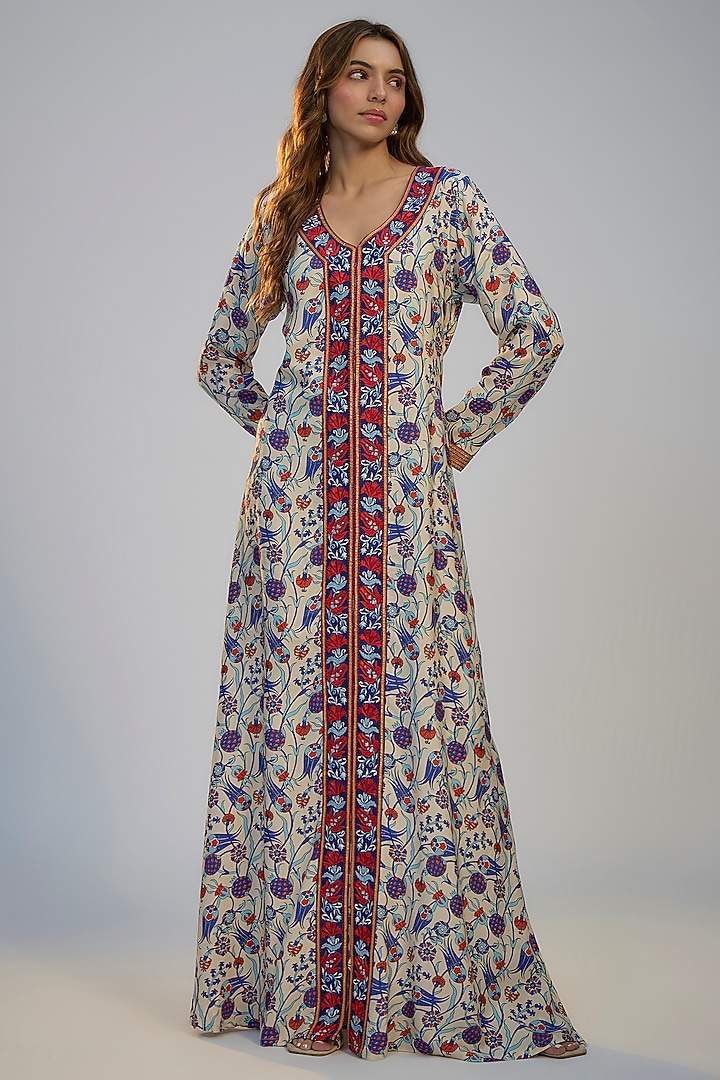 Ivory Crepe Printed & Resham Embroidered Kaftan Vacation Dress by Nadima Saqib at Pernia's Pop Up Shop