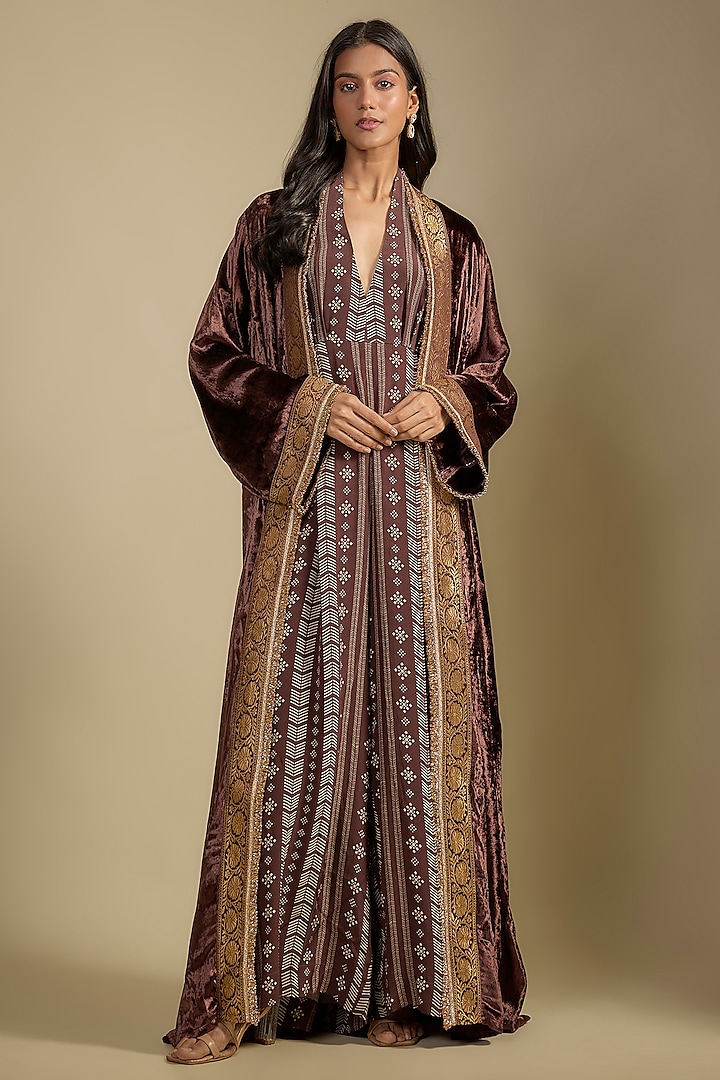 Brown Crepe Printed Jumpsuit by Nadima Saqib at Pernia's Pop Up Shop