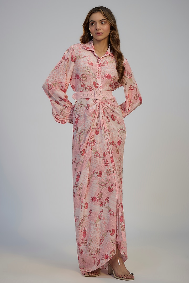 Pastel Pink Crepe Printed & Sequins Embroidered Vacation Shirt Dress by Nadima Saqib at Pernia's Pop Up Shop