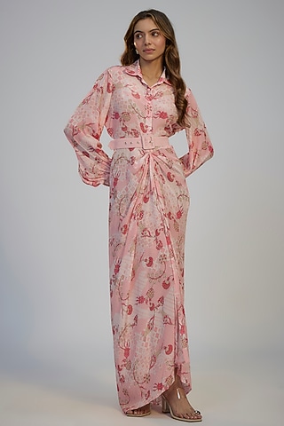 Pastel Pink Crepe Printed & Sequins Embroidered Shirt Dress by Nadima Saqib