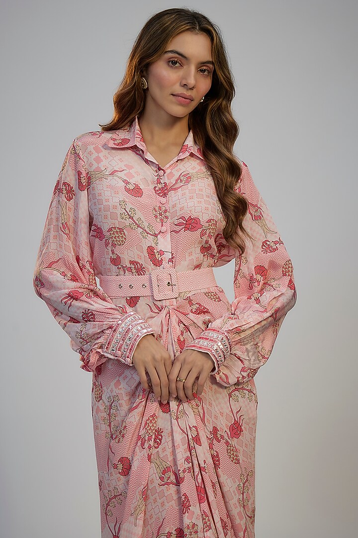 Pastel Pink Crepe Printed & Sequins Embroidered Vacation Shirt Dress by Nadima Saqib at Pernia's Pop Up Shop