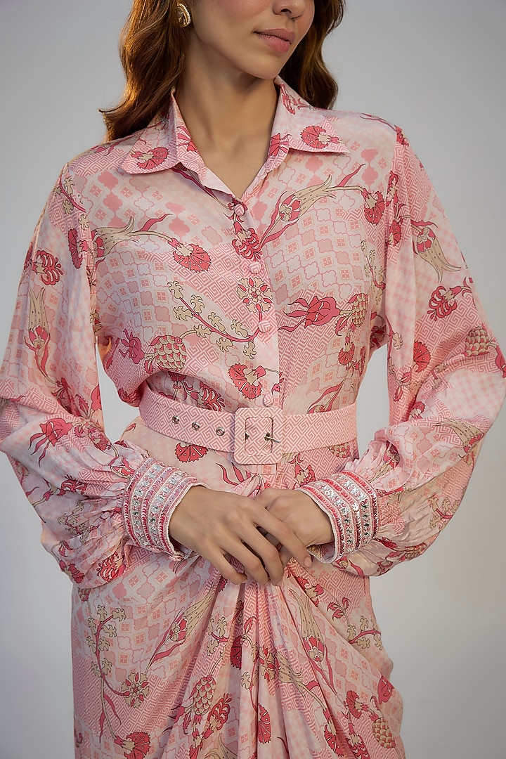 Pastel Pink Crepe Printed & Sequins Embroidered Vacation Shirt Dress by Nadima Saqib at Pernia's Pop Up Shop