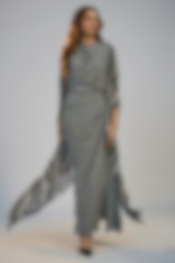 Black Crepe Printed & Sequins Embroidered Draped Cocktail Dress by Nadima Saqib at Pernia's Pop Up Shop