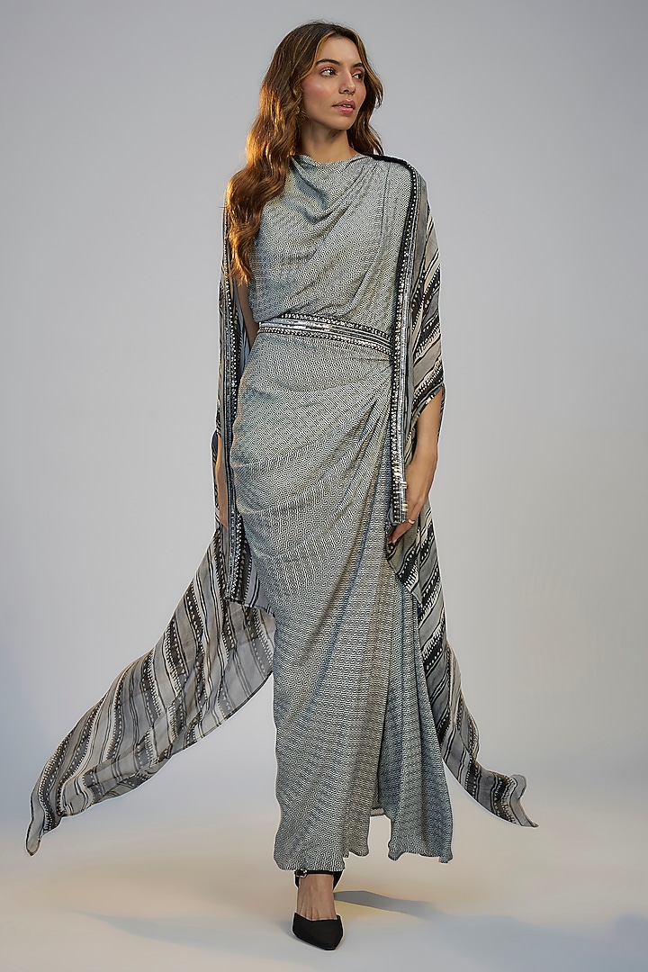 Black Crepe Printed & Sequins Embroidered Draped Cocktail Dress by Nadima Saqib at Pernia's Pop Up Shop