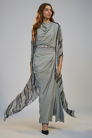 Black Crepe Printed & Sequins Embroidered Draped Dress by Nadima Saqib