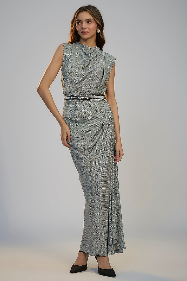 Black Crepe Printed & Sequins Embroidered Draped Cocktail Dress by Nadima Saqib at Pernia's Pop Up Shop