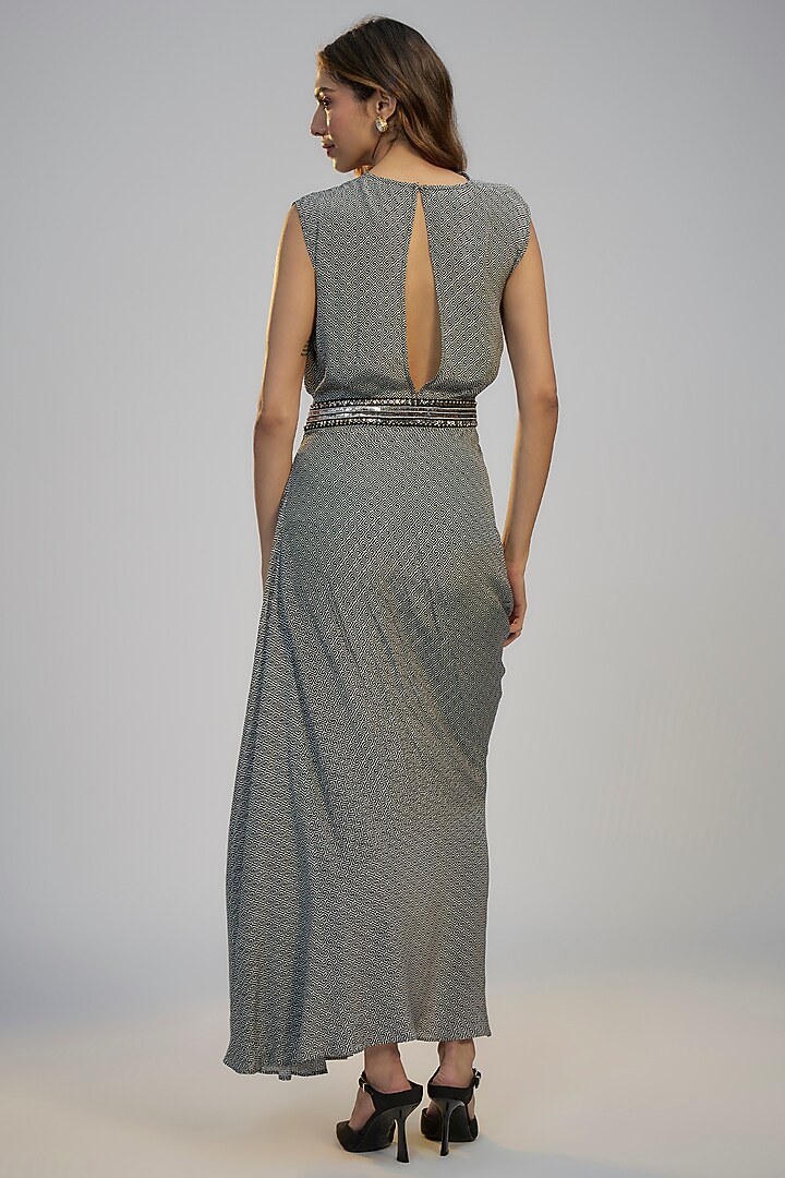 Black Crepe Printed & Sequins Embroidered Draped Cocktail Dress by Nadima Saqib at Pernia's Pop Up Shop