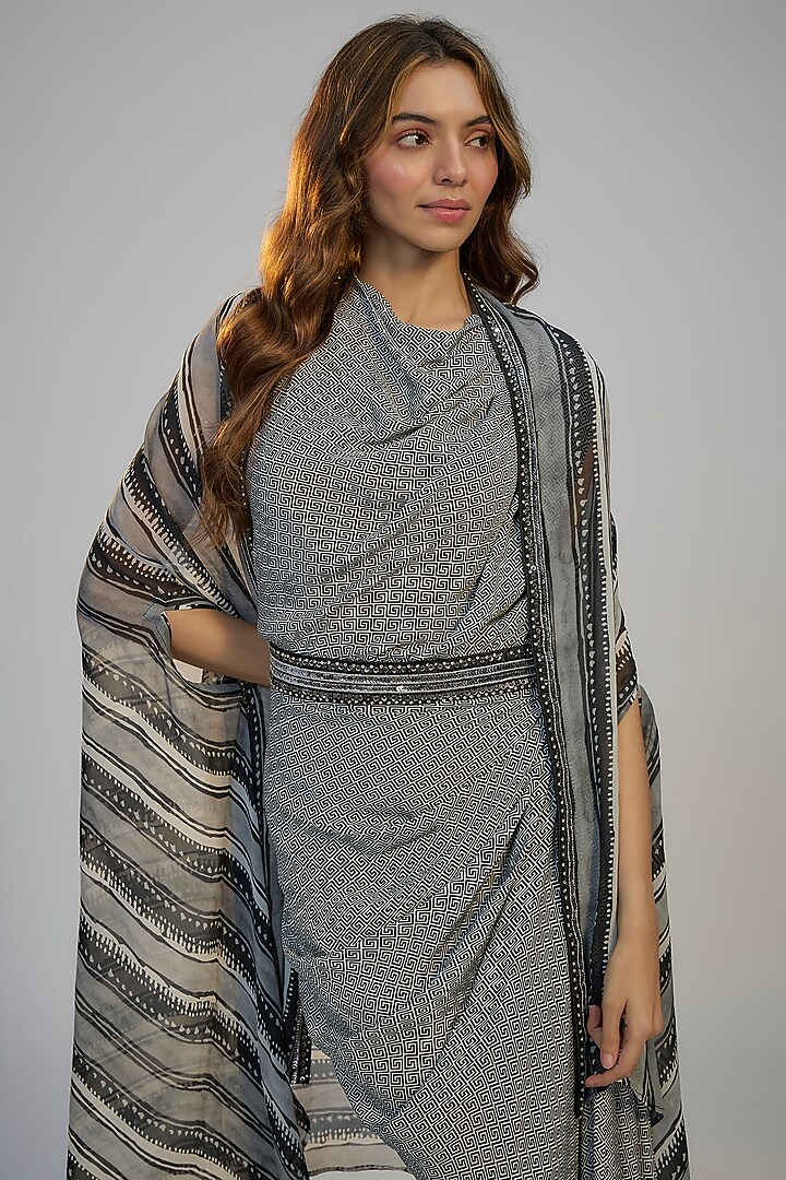 Black Crepe Printed & Sequins Embroidered Draped Cocktail Dress by Nadima Saqib at Pernia's Pop Up Shop