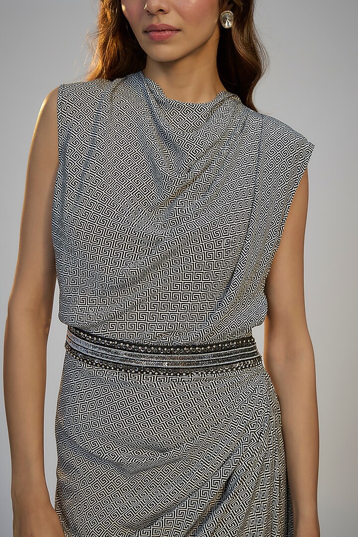 Black Crepe Printed & Sequins Embroidered Draped Cocktail Dress by Nadima Saqib at Pernia's Pop Up Shop