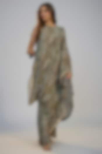 Multi-Colored Crepe Printed & Sequins Embroidered Off-Shoulder Layered Summer Dress by Nadima Saqib at Pernia's Pop Up Shop