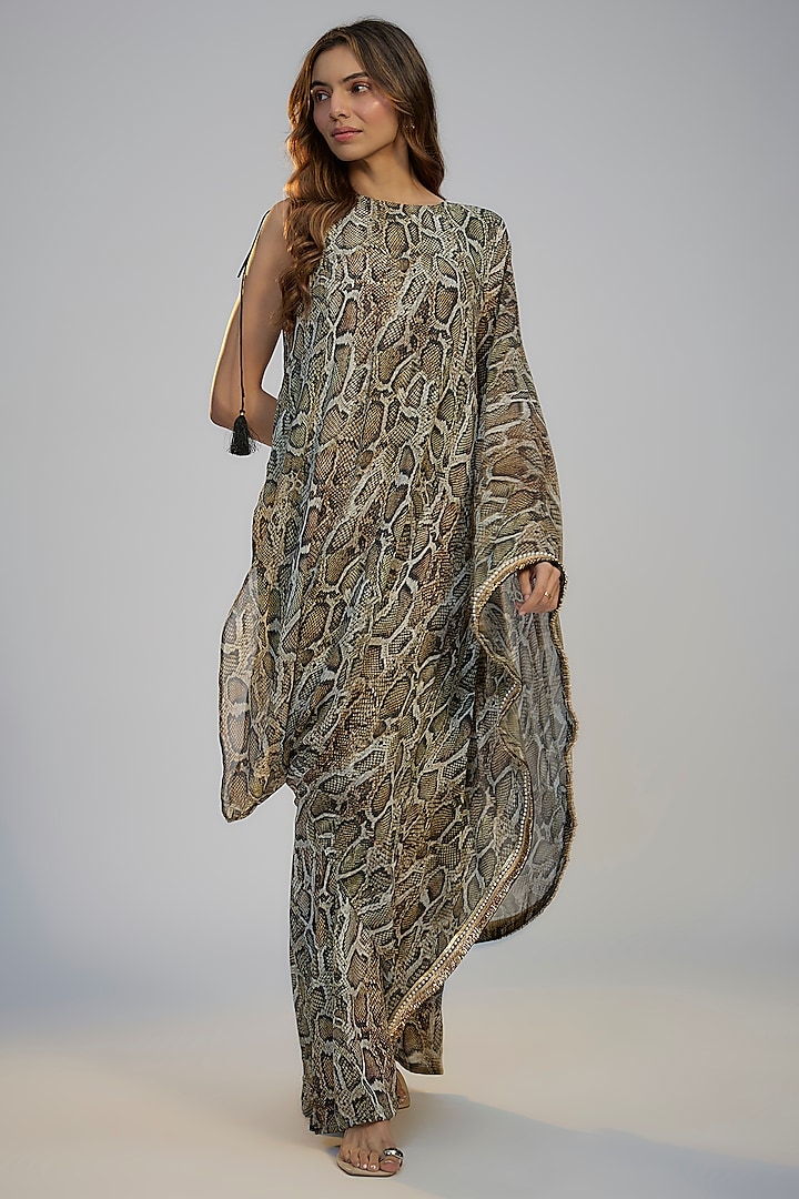 Multi-Colored Crepe Printed & Sequins Embroidered Off-Shoulder Layered Summer Dress by Nadima Saqib at Pernia's Pop Up Shop