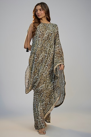 Multi-Colored Crepe Printed & Sequins Embroidered Off-Shoulder Layered Dress by Nadima Saqib