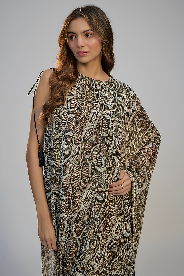 Multi-Colored Crepe Printed & Sequins Embroidered Off-Shoulder Layered Summer Dress by Nadima Saqib at Pernia's Pop Up Shop