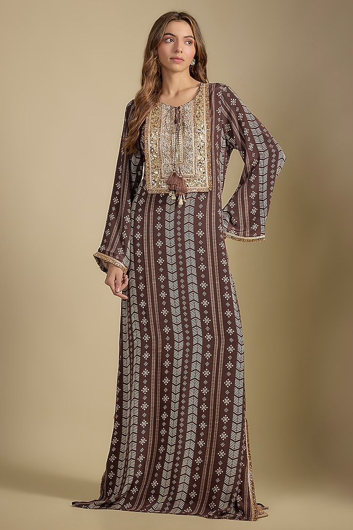 Brown Crepe Printed & Sequins Embroidered Kaftan Vacation Dress by Nadima Saqib at Pernia's Pop Up Shop