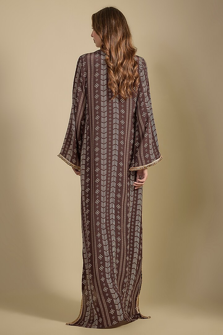 Brown Crepe Printed & Sequins Embroidered Kaftan Vacation Dress by Nadima Saqib at Pernia's Pop Up Shop