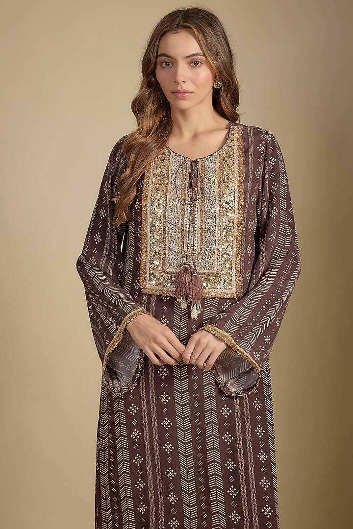 Brown Crepe Printed & Sequins Embroidered Kaftan Vacation Dress by Nadima Saqib at Pernia's Pop Up Shop