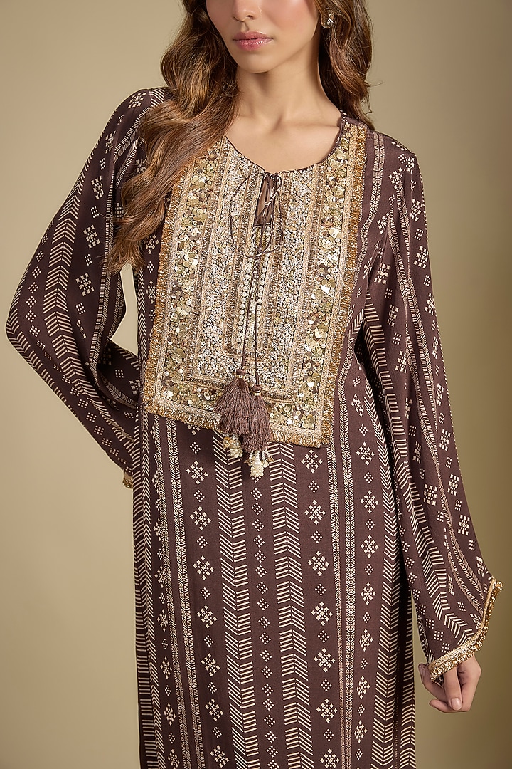 Brown Crepe Printed & Sequins Embroidered Kaftan Vacation Dress by Nadima Saqib at Pernia's Pop Up Shop