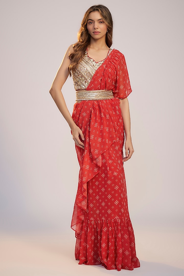Red Georgette Printed & Sequins Embroidered Pre-Draped Ruffled Wedding Saree Set by Nadima Saqib at Pernia's Pop Up Shop