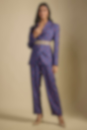 Navy Blue Dupion Printed Blazer Set by Nadima Saqib at Pernia's Pop Up Shop