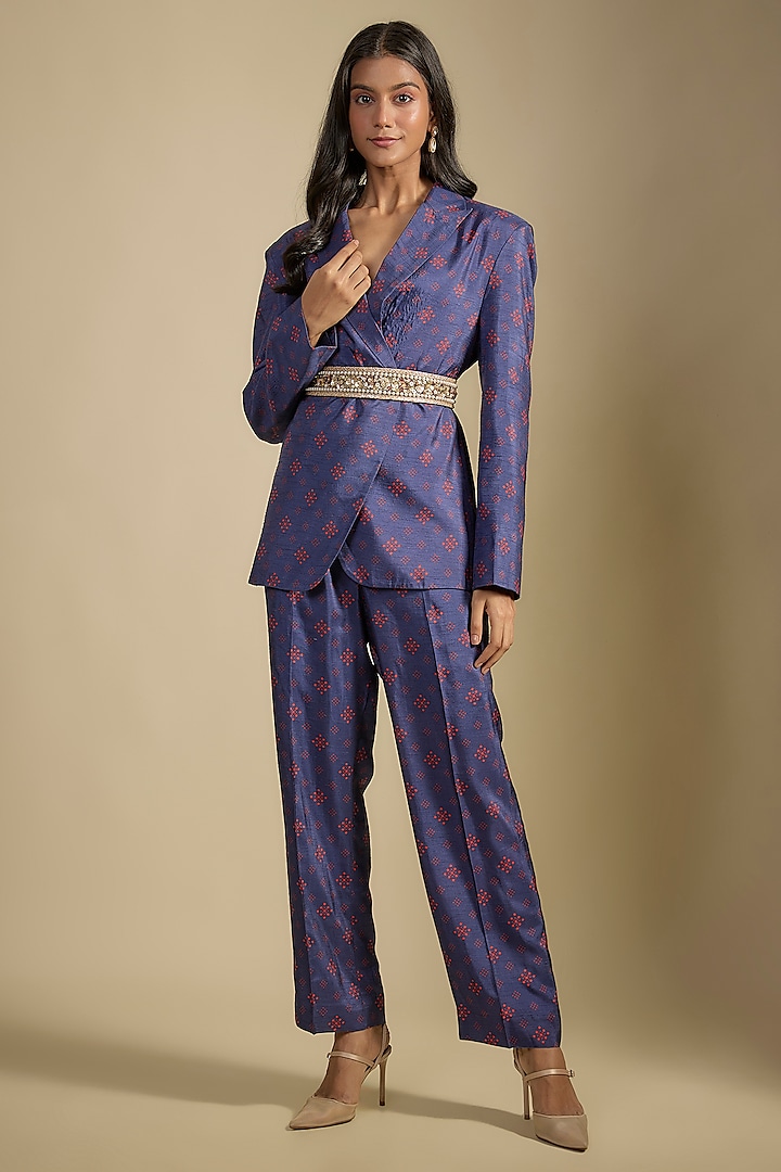 Navy Blue Dupion Printed Blazer Set by Nadima Saqib at Pernia's Pop Up Shop