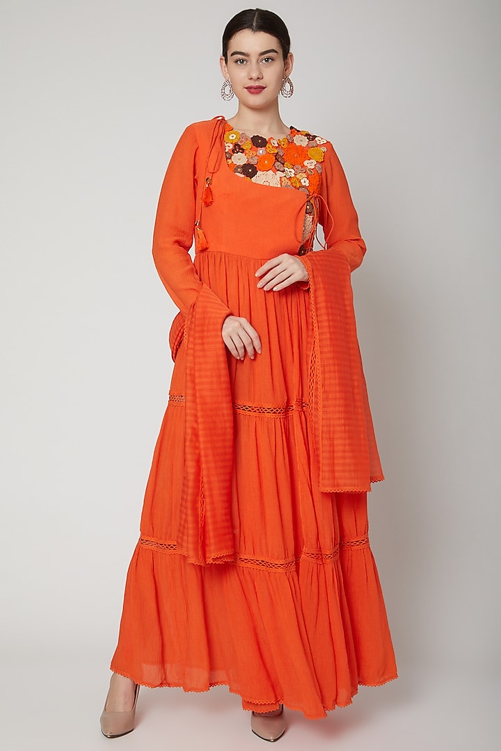 Orange Embroidered Angrakha Anarkali With Dupatta by Nadima Saqib