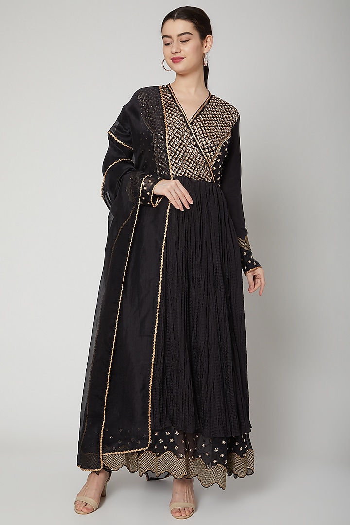 Black Embroidered Anarkali Gown With Dupatta by Nadima Saqib