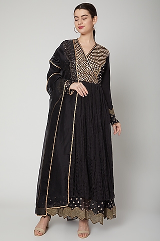 Black Embroidered Anarkali Gown With Dupatta by Nadima Saqib