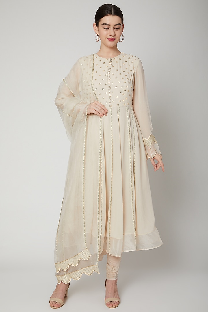 Nude Embroidered Anarkali Set by Nadima Saqib at Pernia's Pop Up Shop