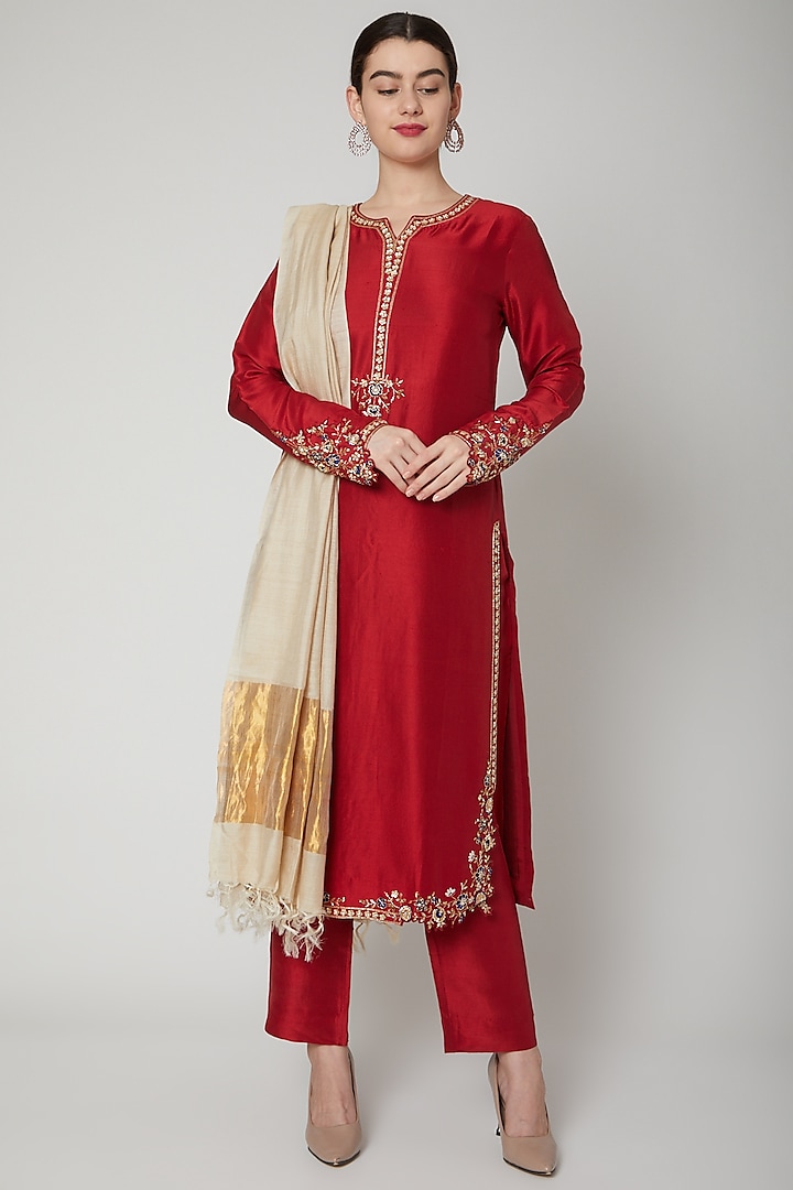 Red Sequins Embroidered Kurta Set by Nadima Saqib at Pernia's Pop Up Shop