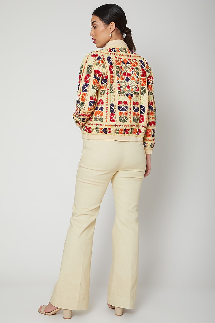 Beige Embroidered Bomber Jacket by Nadima Saqib at Pernia's Pop Up Shop