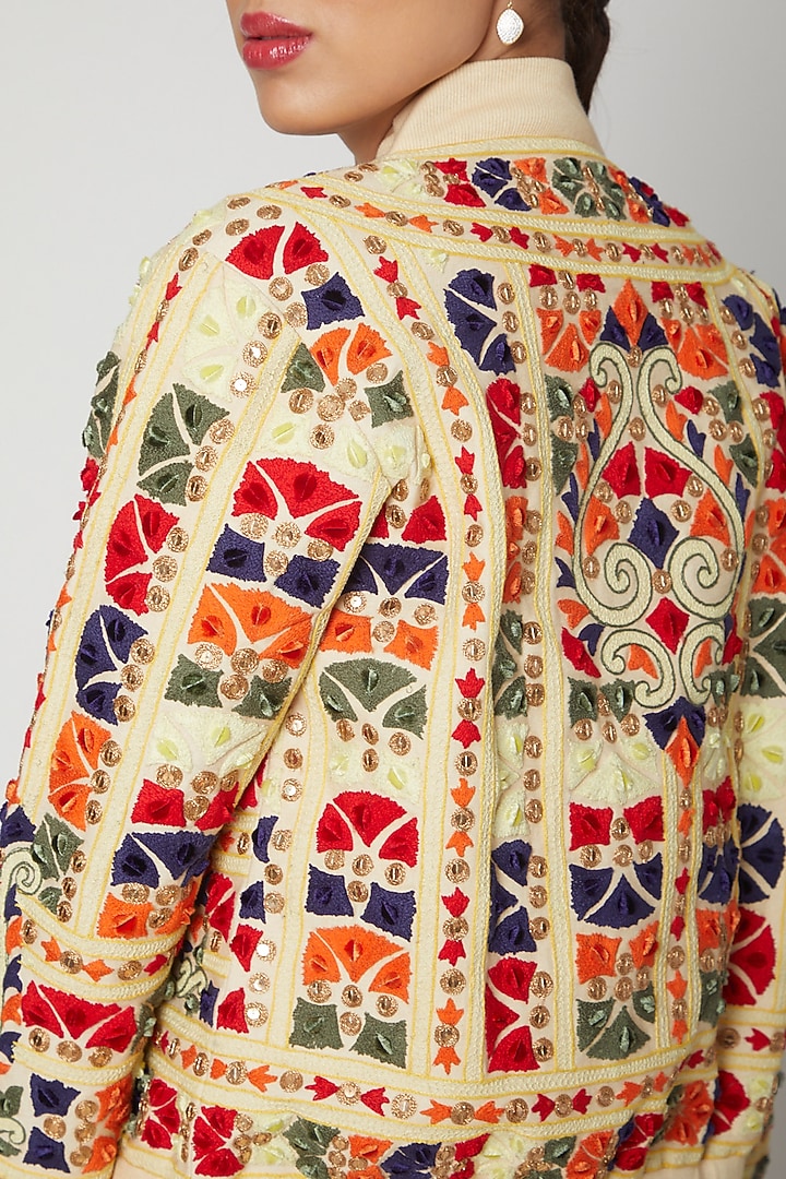 Beige Embroidered Bomber Jacket by Nadima Saqib at Pernia's Pop Up Shop