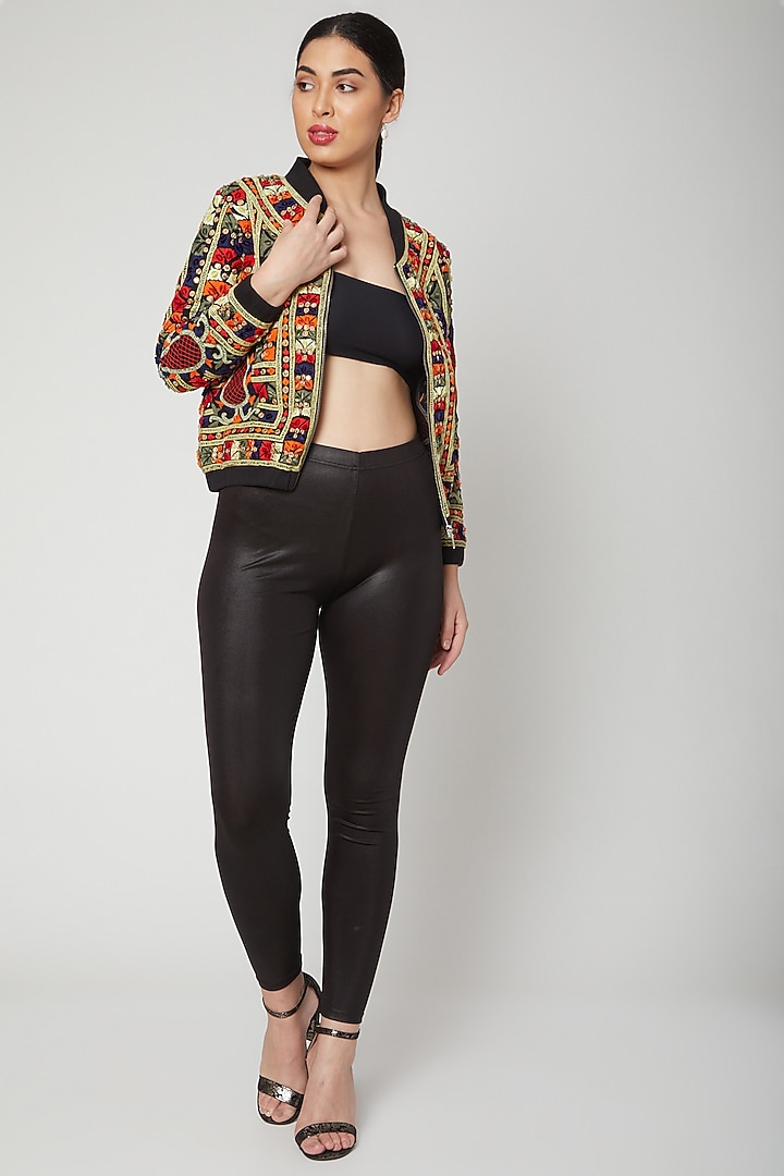 Black Embroidered Bomber Jacket by Nadima Saqib at Pernia's Pop Up Shop