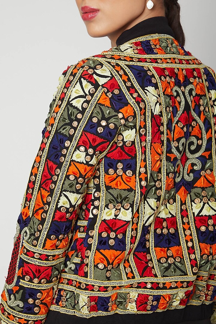 Black Embroidered Bomber Jacket by Nadima Saqib at Pernia's Pop Up Shop