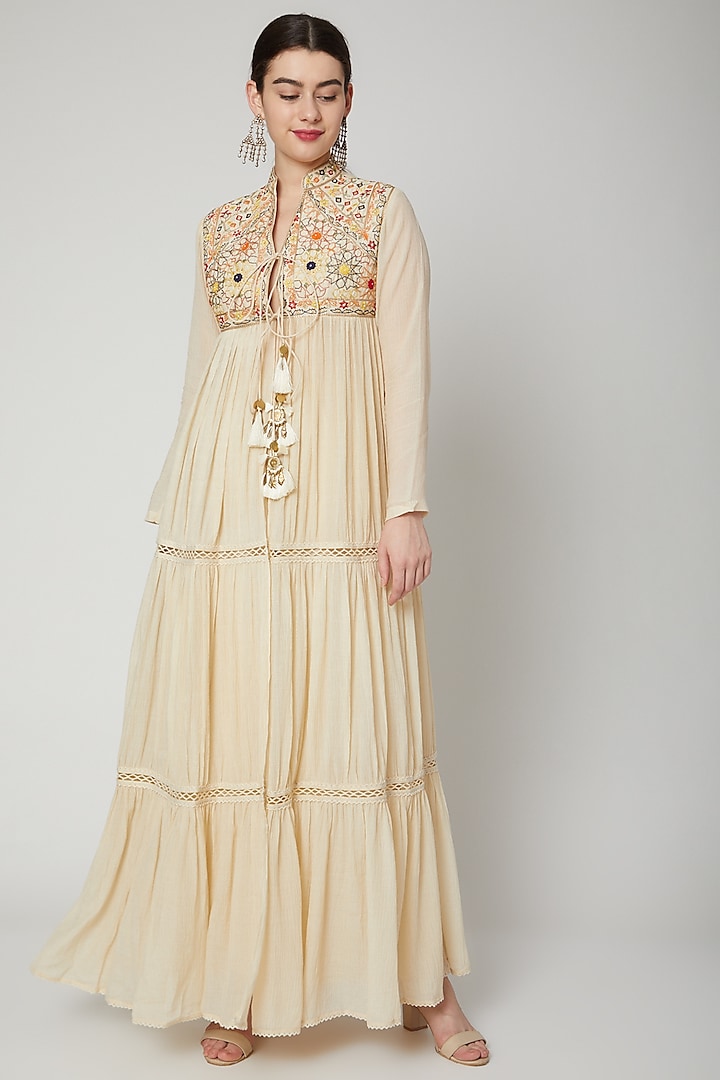 Beige Resham Embroidered Jacket by Nadima Saqib