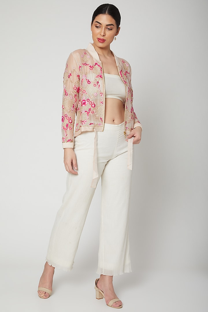 Nude Embroidered Bomber Jacket by Nadima Saqib