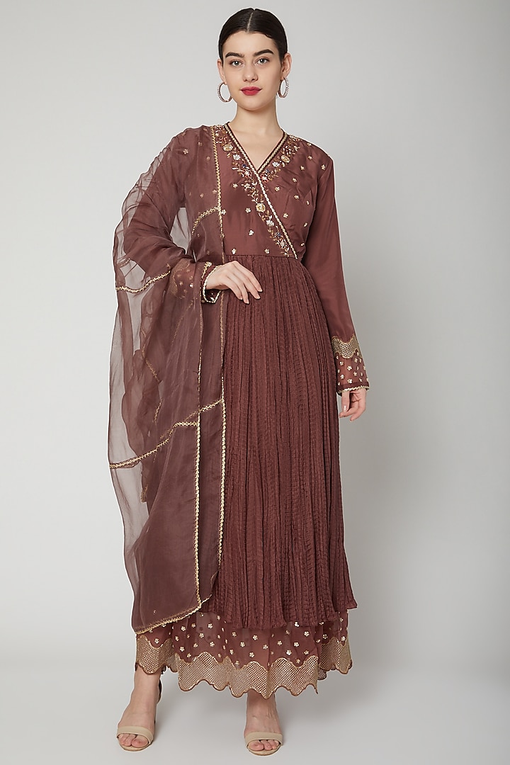 Brown Embroidered Anarkali With Dupatta by Nadima Saqib