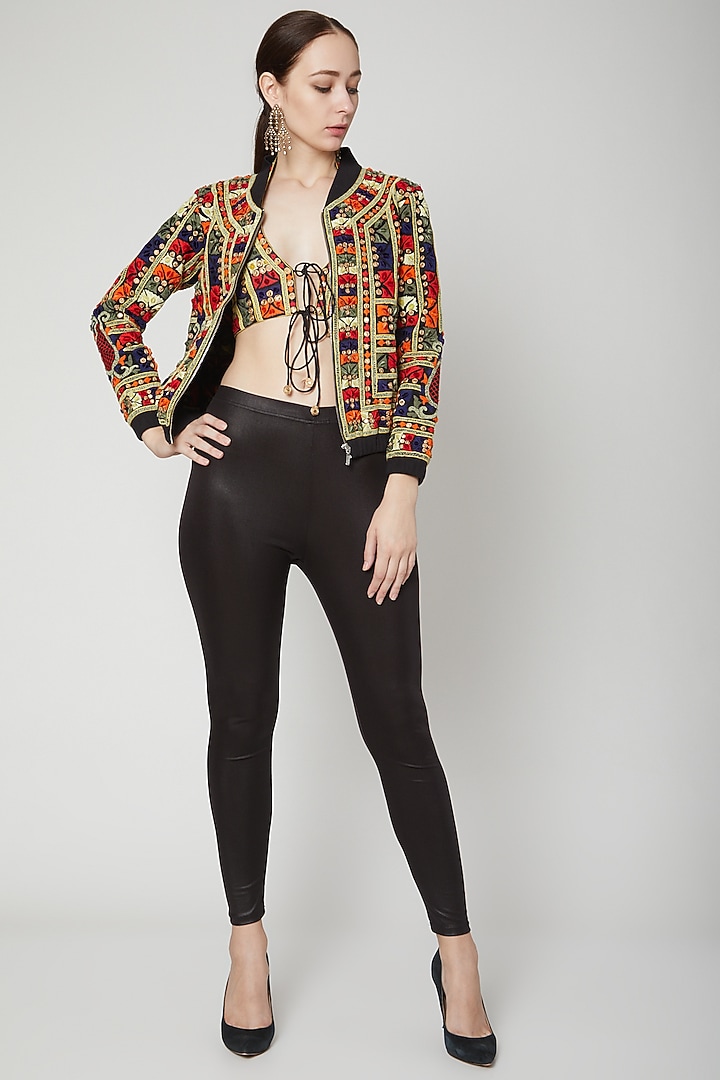 Black Dori Work Embroidered Halter Jacket by Nadima Saqib at Pernia's Pop Up Shop