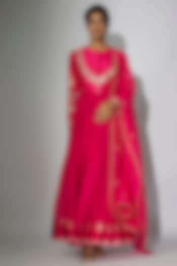 Hot Pink Chanderi Marodi Embroidered Anarkali Set by Nadima Saqib at Pernia's Pop Up Shop