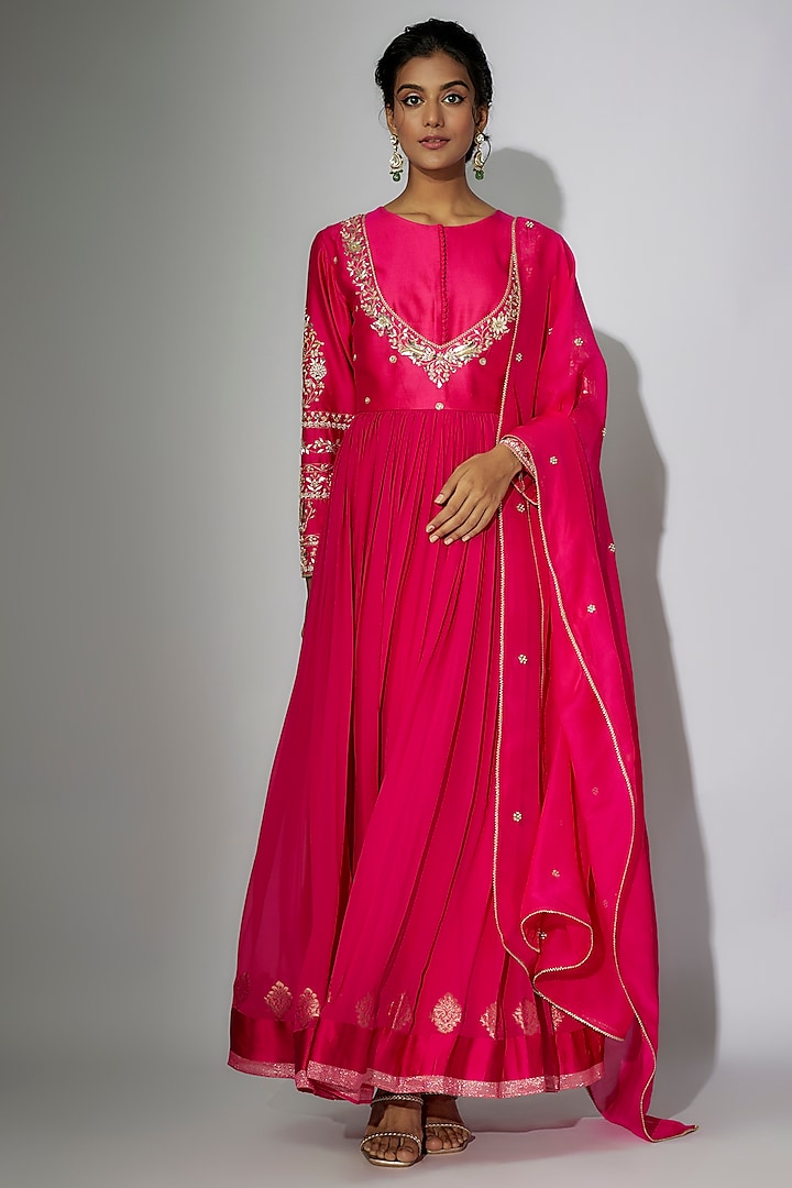 Hot Pink Chanderi Marodi Embroidered Anarkali Set by Nadima Saqib at Pernia's Pop Up Shop