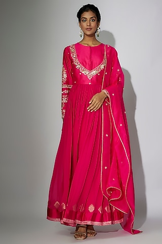 Hot Pink Chanderi Marodi Embroidered Anarkali Set by Nadima Saqib