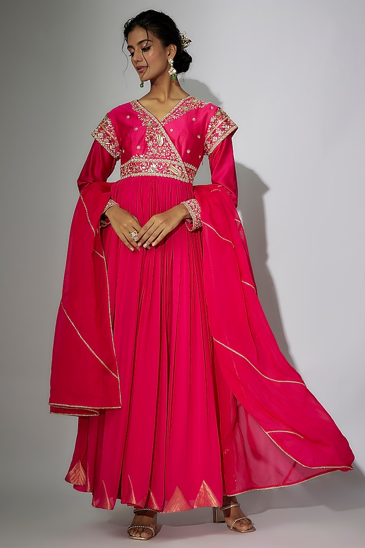 Hot Pink Chanderi Marodi Embroidered Angrakha Anarkali Set by Nadima Saqib at Pernia's Pop Up Shop