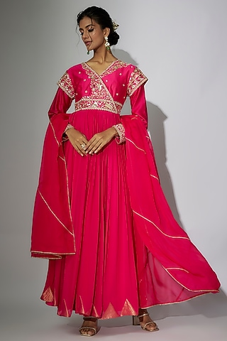 Hot Pink Chanderi Marodi Embroidered Angrakha Anarkali Set by Nadima Saqib