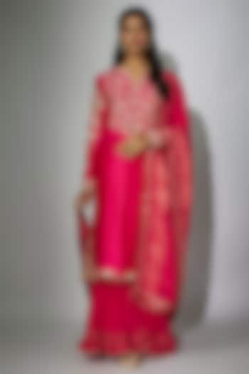 Hot Pink Chanderi Zardosi Embroidered Kurta Set by Nadima Saqib at Pernia's Pop Up Shop