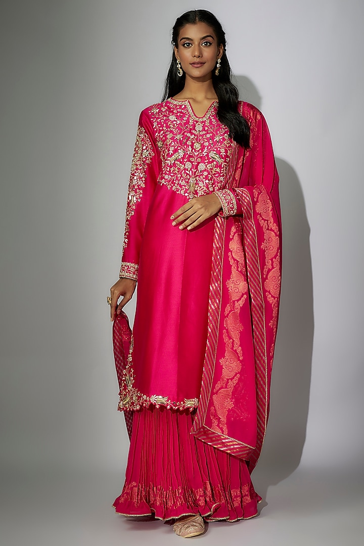 Hot Pink Chanderi Zardosi Embroidered Kurta Set by Nadima Saqib at Pernia's Pop Up Shop