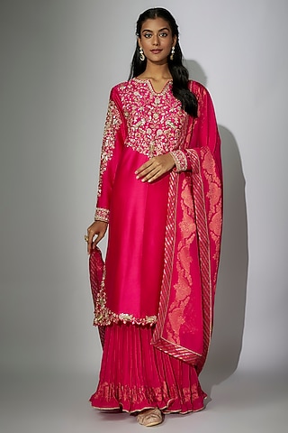 Hot Pink Chanderi Zardosi Embroidered Kurta Set by Nadima Saqib