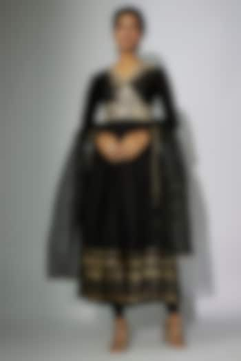 Black Chanderi Zardosi Embroidered Angrakha Anarkali Set by Nadima Saqib at Pernia's Pop Up Shop