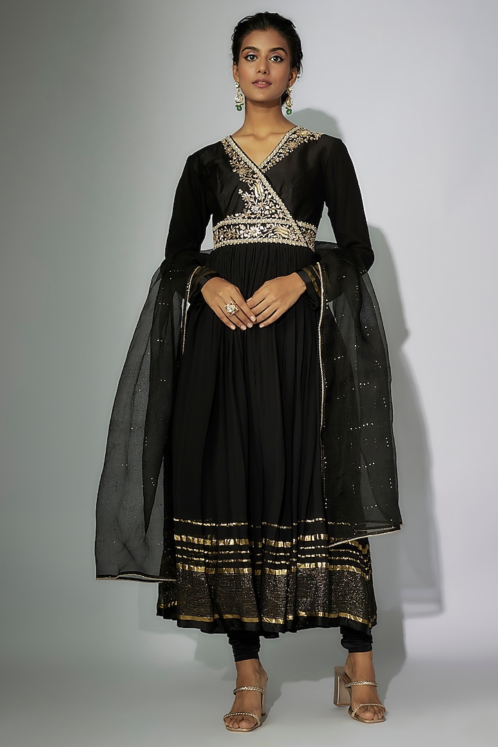 Black Chanderi Zardosi Embroidered Angrakha Anarkali Set by Nadima Saqib at Pernia's Pop Up Shop