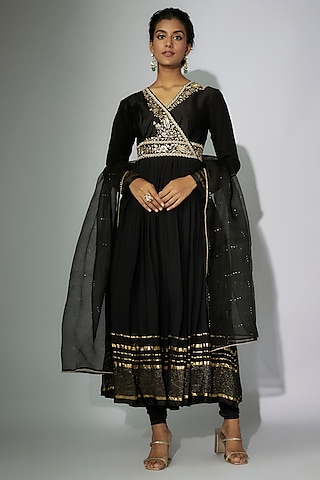 Black Chanderi Zardosi Embroidered Angrakha Anarkali Set by Nadima Saqib