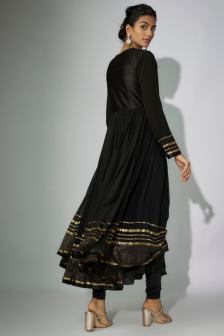 Black Chanderi Zardosi Embroidered Angrakha Wedding Anarkali Set by Nadima Saqib at Pernia's Pop Up Shop