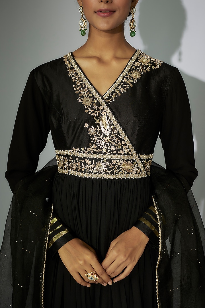 Black Chanderi Zardosi Embroidered Angrakha Wedding Anarkali Set by Nadima Saqib at Pernia's Pop Up Shop